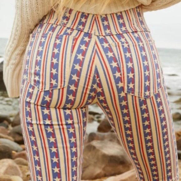 NWOT Free People Penny Boho Flare Jeans Stars & Stripes Red White Blue 30 10 - Picture 5 of 7